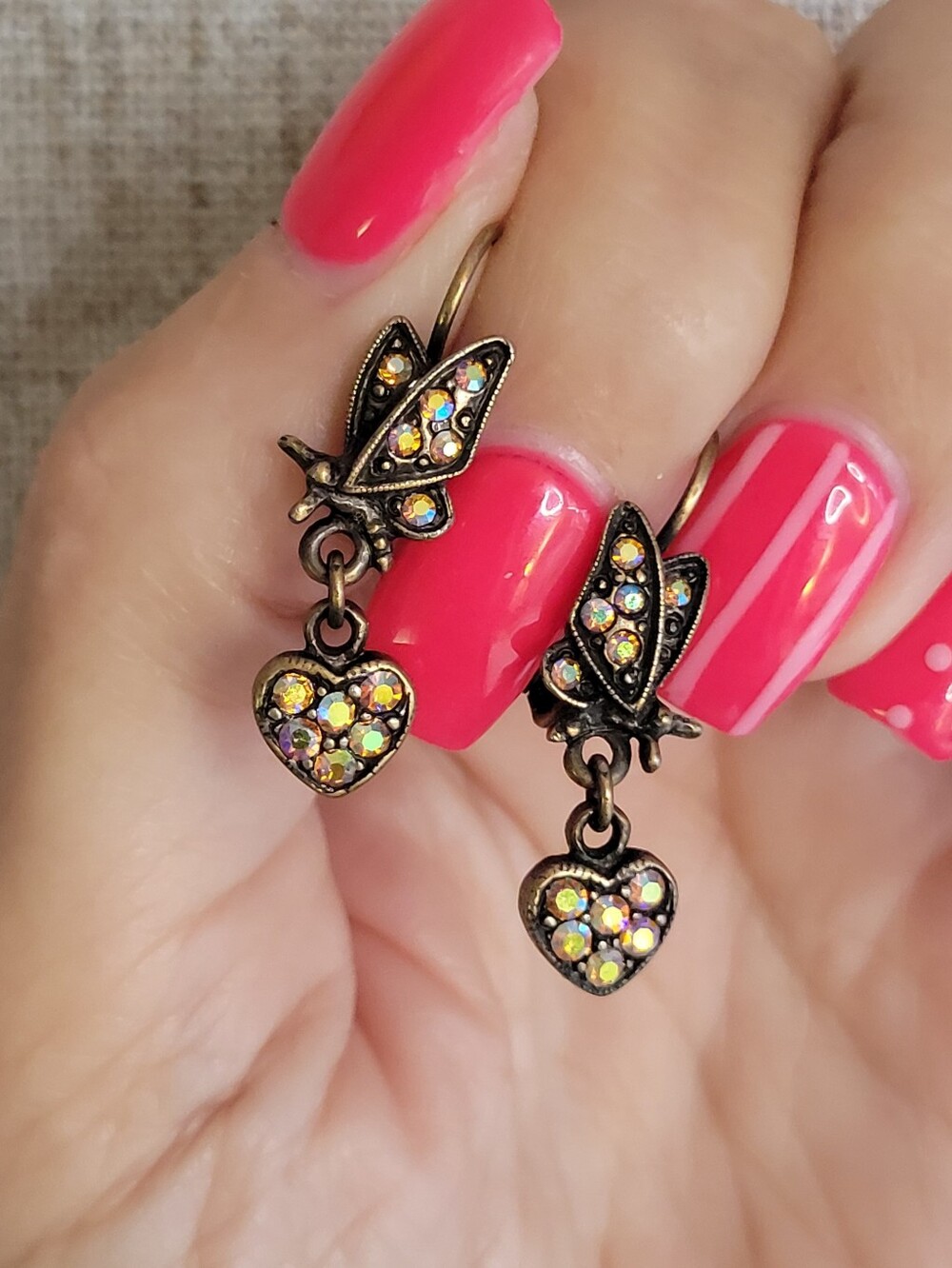Retired Vintage Kirks Folly Butterfly Heart Drop Earrings AB Rhinestones